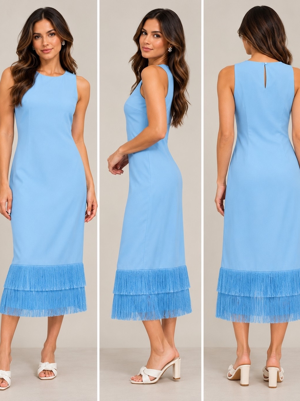 Sugarlips Light Blue Sleeveless Midi Dress with Tiered Fringe Hem